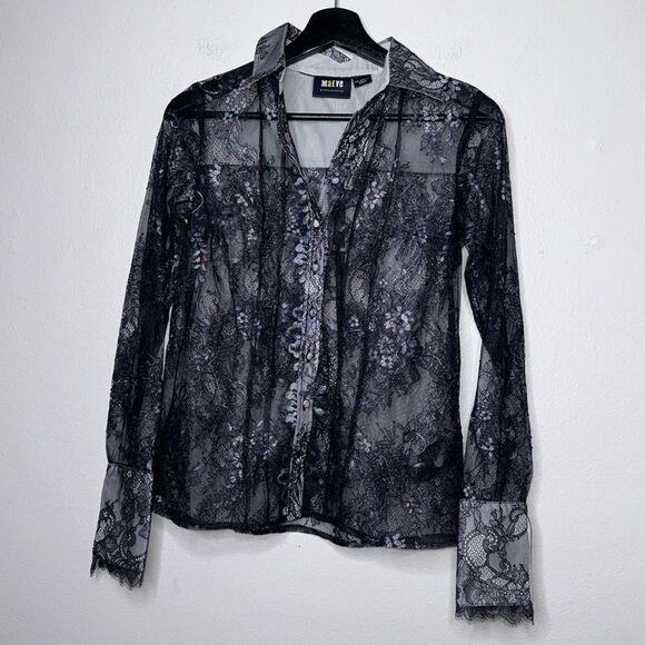 Anthropologie Maeve Lace Sheer Long Sleeve Button Down Blouse/Shirt Size XXS - Picture 4 of 14